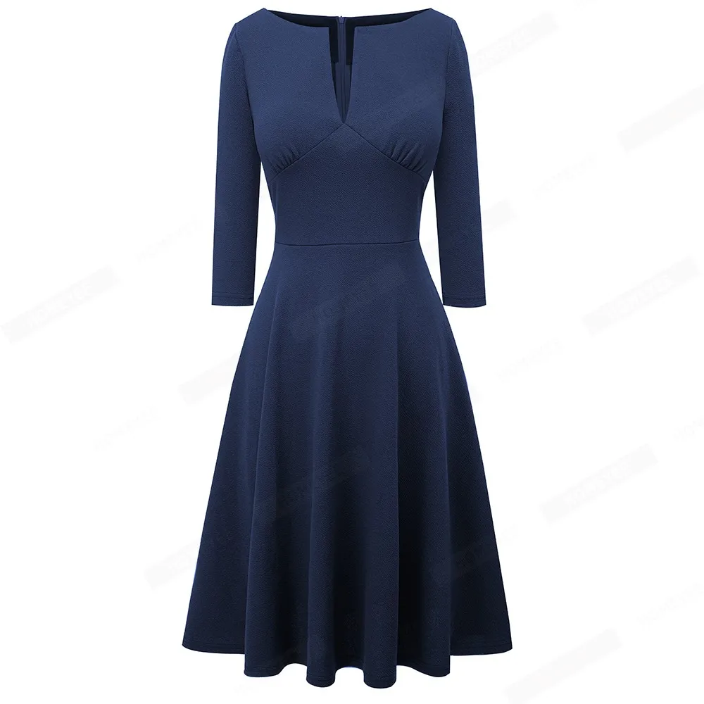 Frauen Beiläufige Reine Farbe Cut Out 3/4 Hülse Fit und Flare Schaukel A-Line Kleid EA289