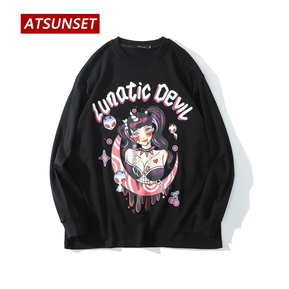 

ATSUNSET Anime Ghost Girl Print Sweatshirt Autumn Cotton Pullover Hip Hop Street Retro Style Round Neck Pocket Hoodie Tops
