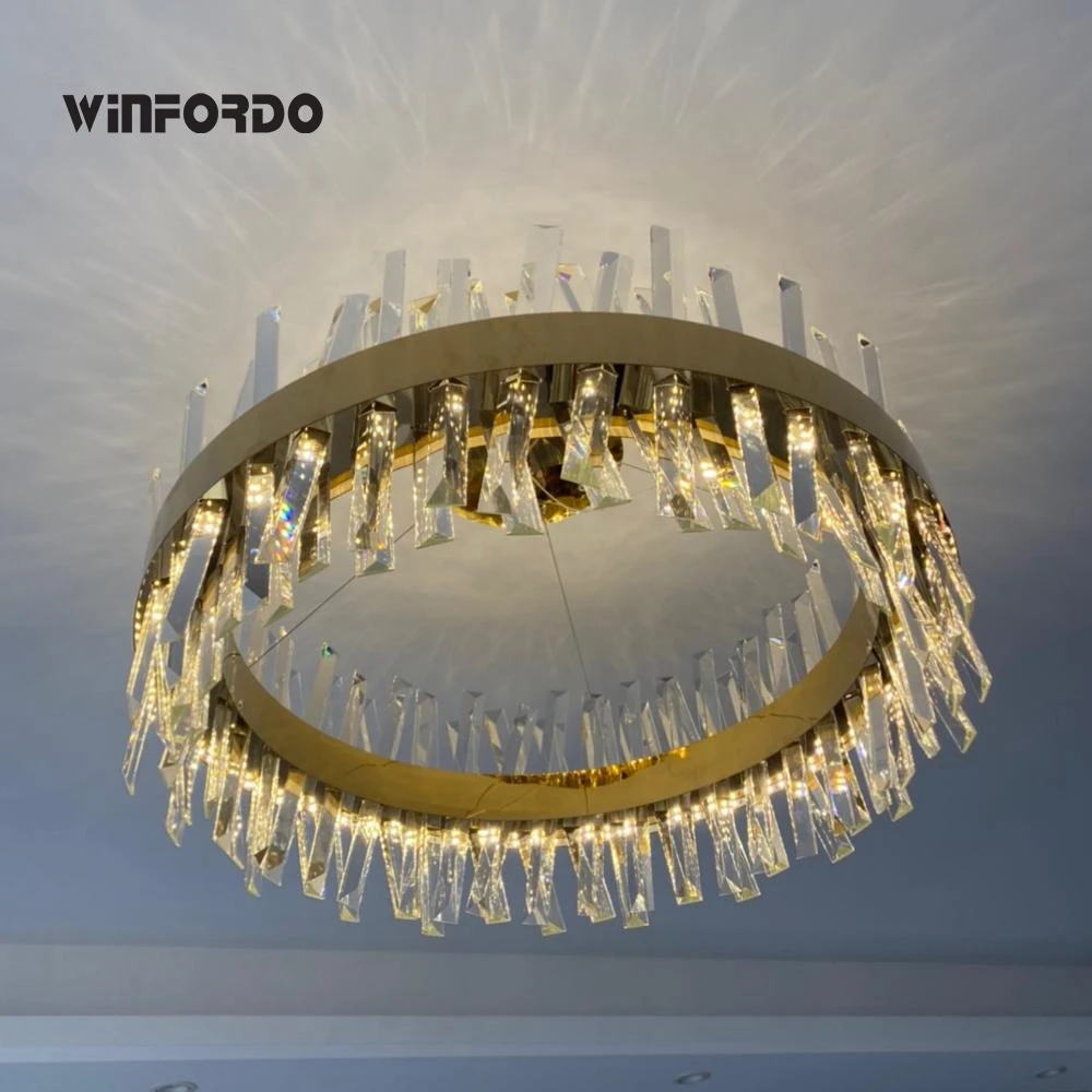 Imagem -05 - Winfordo-lustre de Cristal Led Moderno Lâmpada Pingente Redonda e Retangular Dourado e Cromo Iluminação em Estoque Decoração