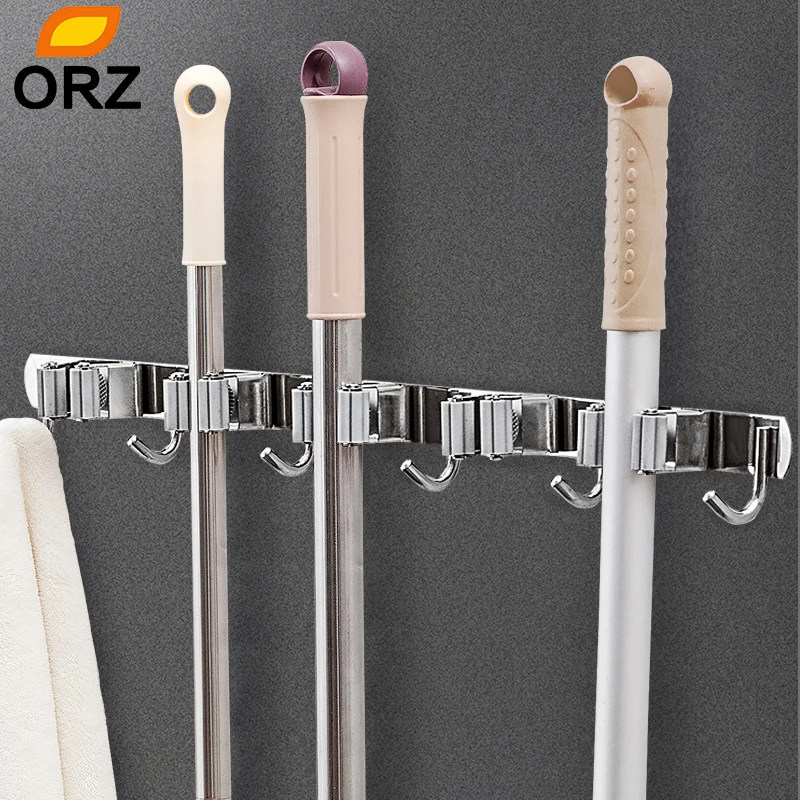 304 Stainless Steel Broom Mop Hanger Holder Organizer Grip Clips Wall Mounted Garden Storage Rack 5 Hook  Space Saving Hanger