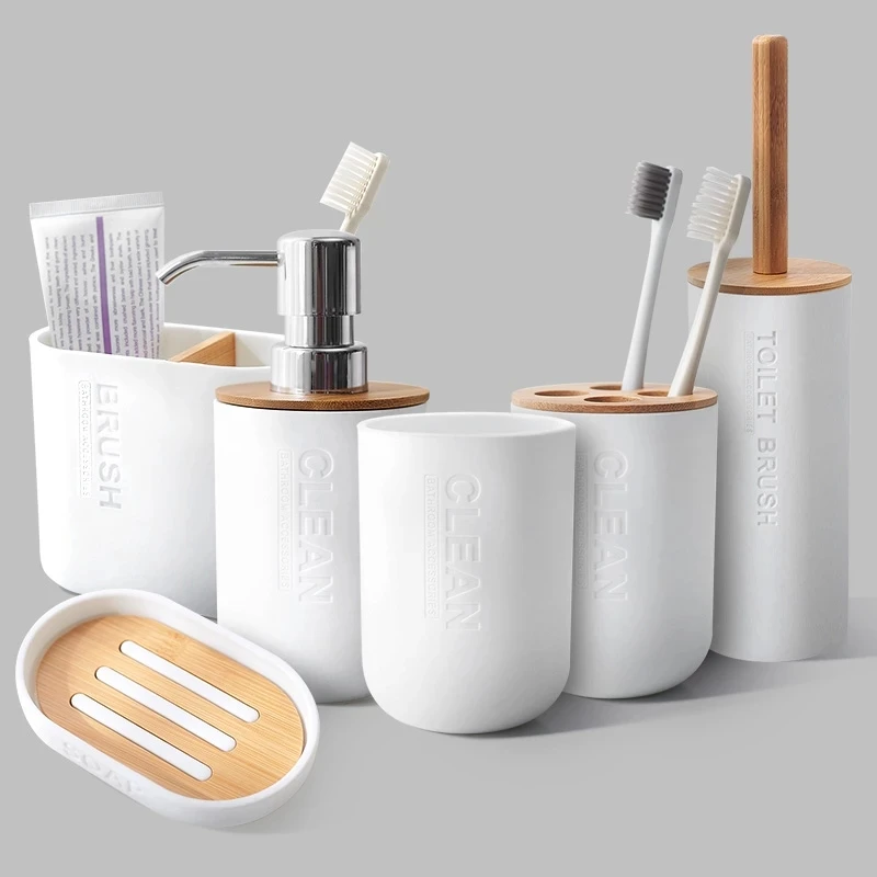 

6Pcs/5pcs Bamboo Bathrooms Set Toilet Brush Toothbrush Holder Cup Soap Holder Emulsion Dispenser Bathroom Accessories Set