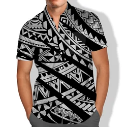 Pocket Short Sleeve Shirt Men Black and White Polynesian Tribal Clothing Tribal Clothes Islanders 2021 New Samoan