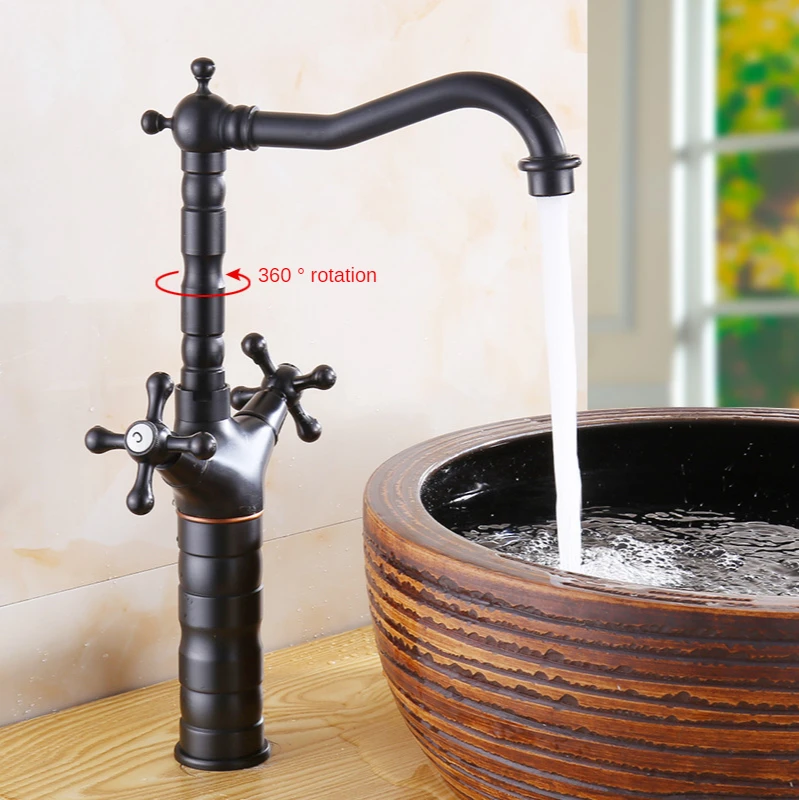 New Arrival Black Basin Bathroom Cold And Hot Tap Carved Faucet 360 Swivel Pipe Vessel Sink Mixer Crane