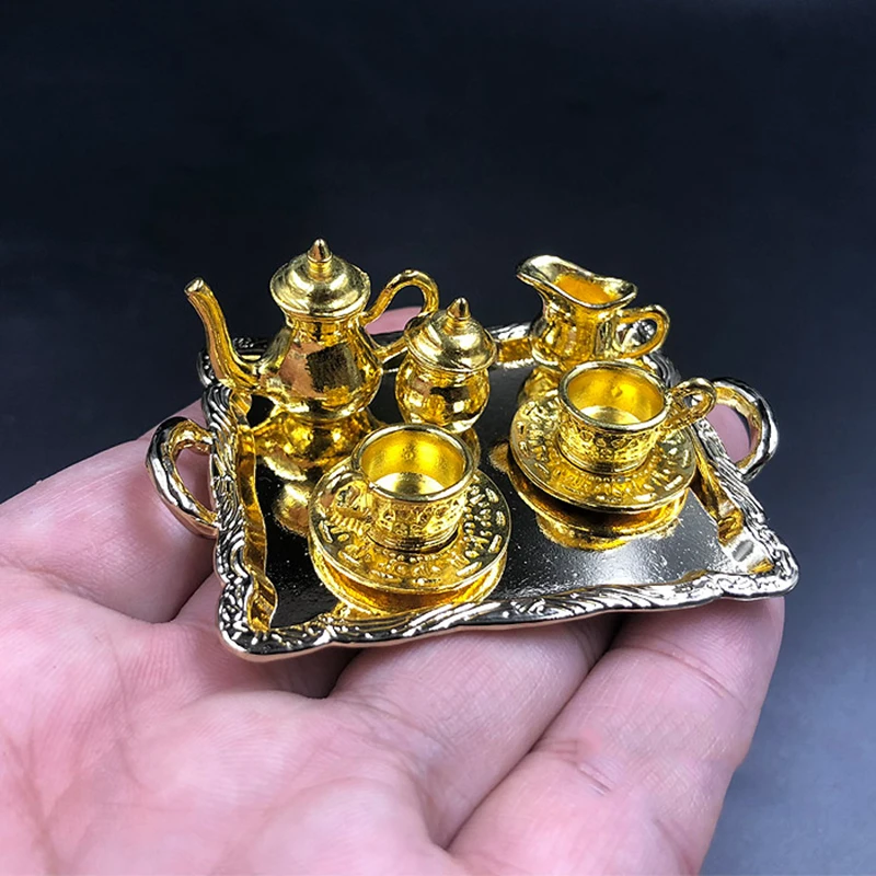 

1/6 Scale WWII Golden and Silver Metal Tea Cups with Tea Tray Set Models for 12''Figures Bodies Accessories DIY