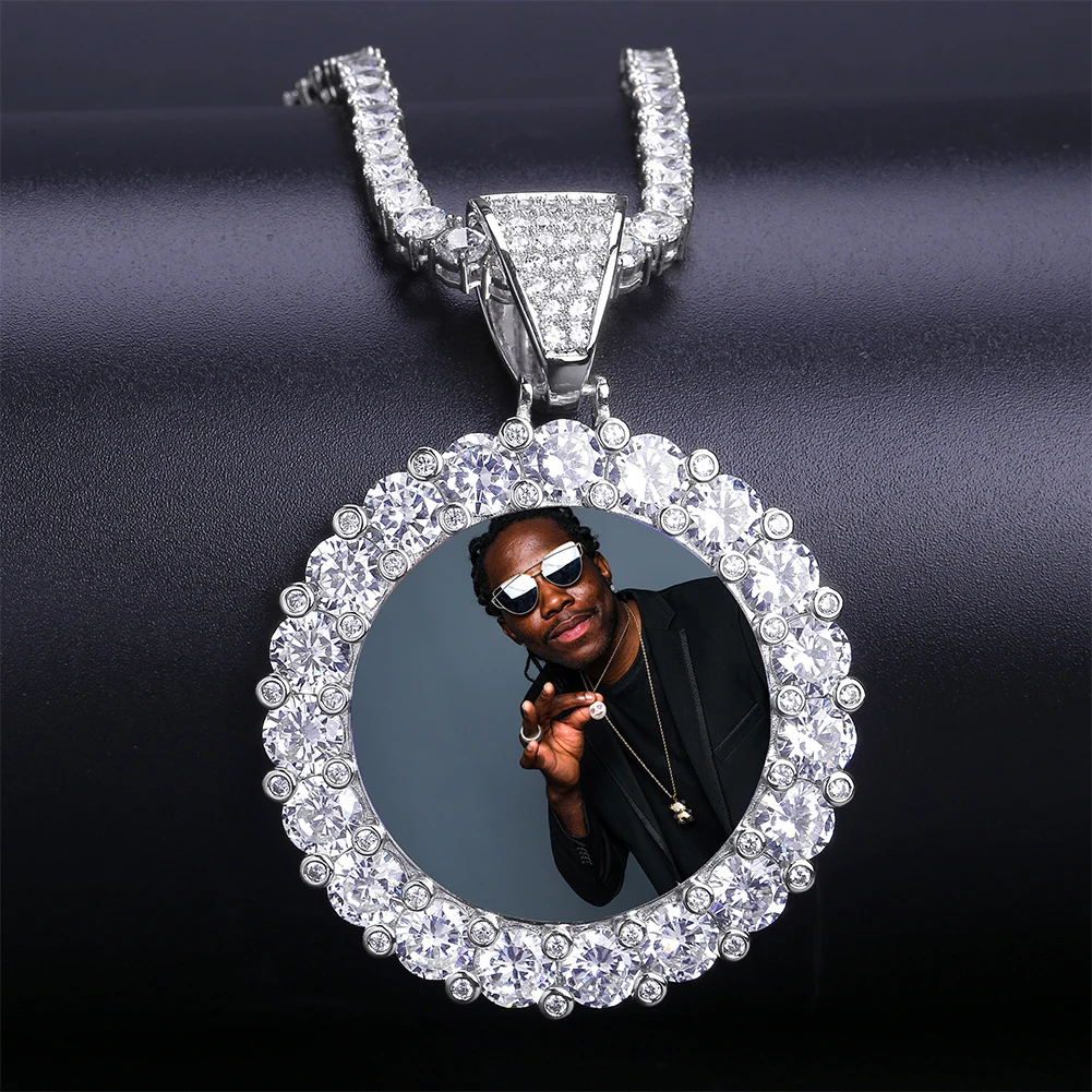 GUCY New Custom Photo Roundness Solid Back Pendant & Necklace With Tennis Chain Cubic Zircon Men\'s Hip Hop Jewelry