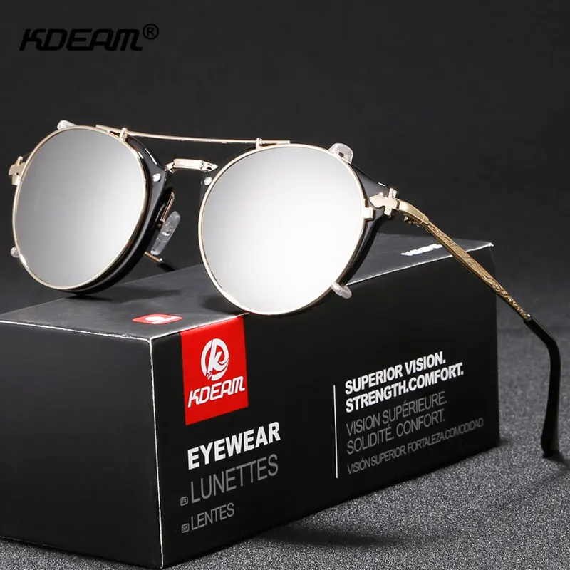 Kdeam Steam punk Clip On Sunglasses for Men  Brand Designer Round Sun Glasses Women Baroque Carved  Metal Legs  with Box