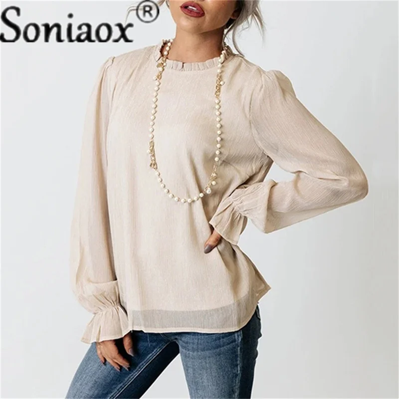 

2022 Women Spring Chiffon Blouse Long Sleeve Ruffle Collar Design New Solid Color Casual Shirts Double Layer Stylish Slim Blusas