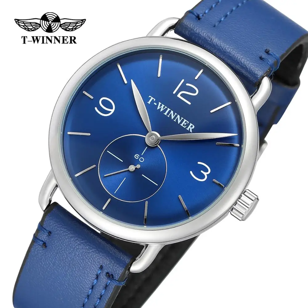 T-WINNER Simple casual men\'s and women\'s watches with blue dial and leather strap automatic mechanical watch