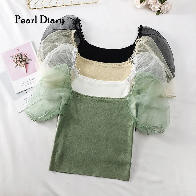 Pearl Diary Women Knitted Crop Tops Square Neck Organza Puff Sleeve Solid Color Basic Cute Tops Summer Going Out Simple Knit Top