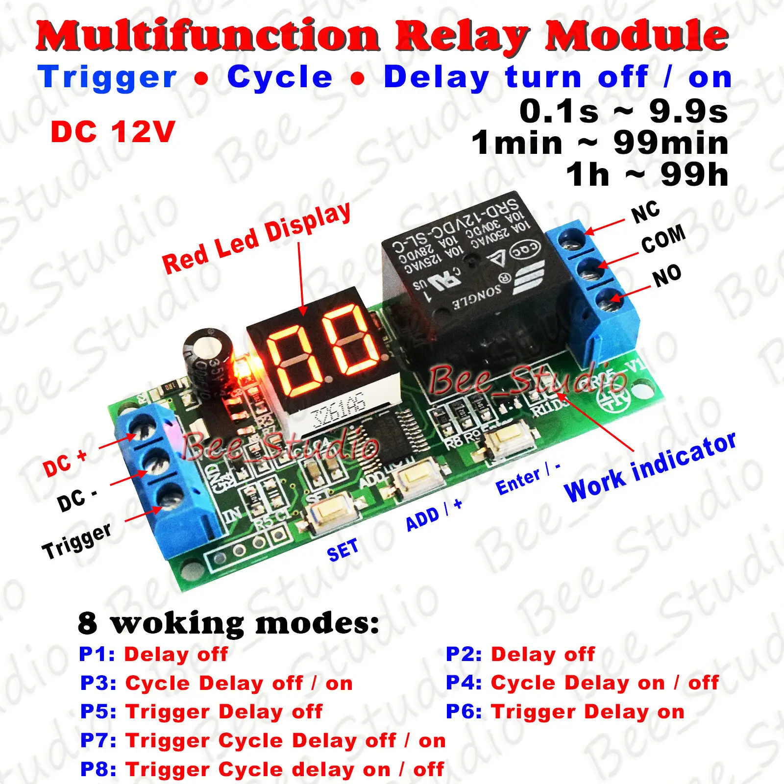 DC 5V/ 12V/ 24V Digital Trigger Multifunction Relay PLC Cycle Turn ON/OFF Timer Module Delay Time Switch LED Display