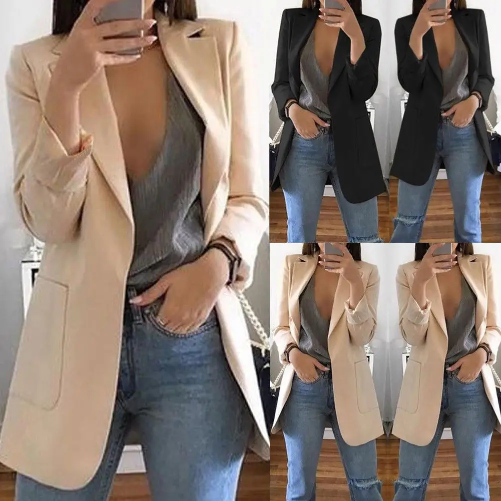 Outono inverno preto jaqueta feminina blazers sólido fino terno das senhoras do escritório terno de negócios feminino bolso casaco cinza cáqui