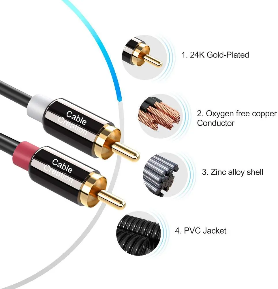 كابل RCA ، 2RCA ذكر إلى 2RCA ستيريو كابل الصوت مطلية بالذهب متوافق مع المتكلم ، القرص الدوار ، استقبال مضخم الصوت ، محمية مزدوجة