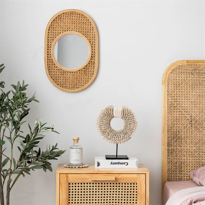 Vintage Rattan Art Decoration Oval Makeup Mirror Dressing Wall Hanging Mirrors Bedroom Home Decoration Oval Make Up Mirrors