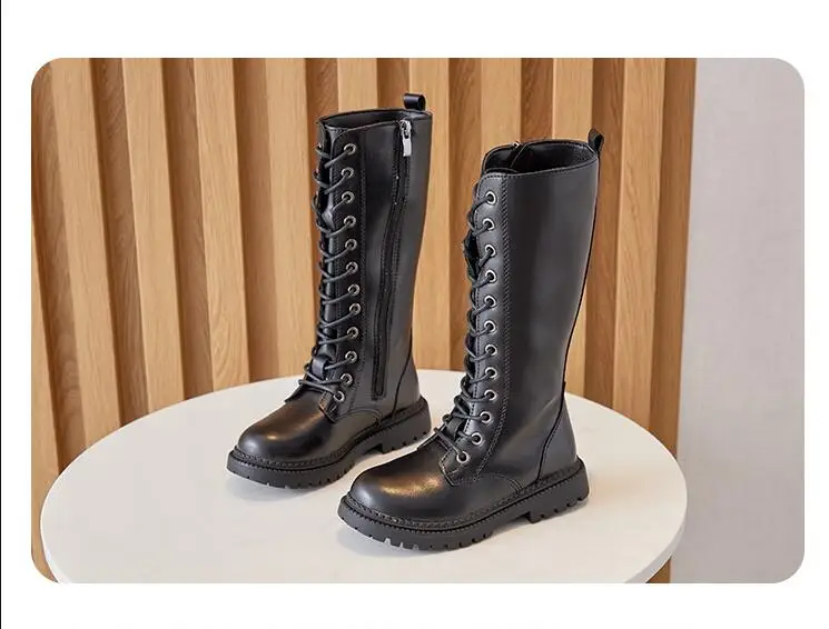 Fashion Girls leather boots Girls Warm Fashion Lace Up Knee-high boots quality leather Waterproof Warming Short Plush boots