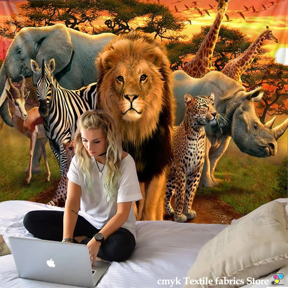 

lion tapestry African grassland animals Cartoonwall hanging beach towel thin polyester blanket yoga