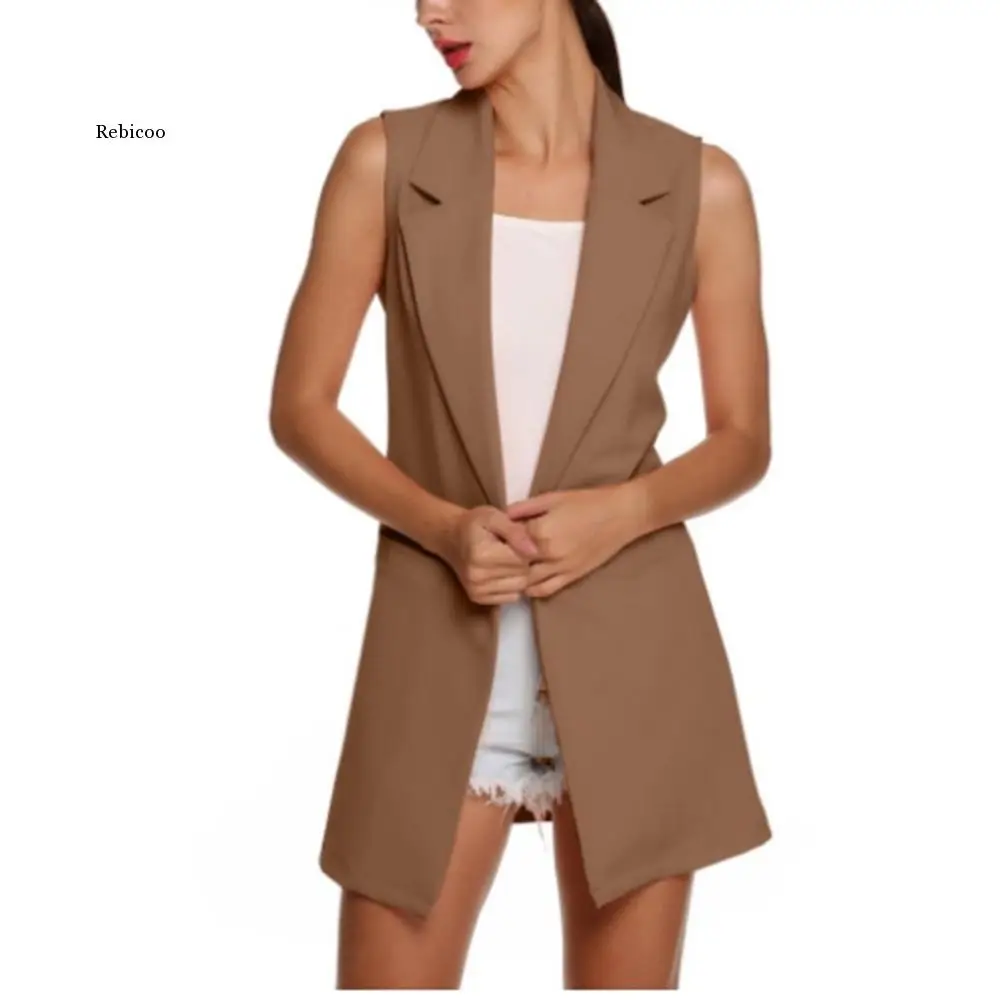 New Women Temperament Lapel Sleeveless Simple Solid Color Cardigan Loose Jackets Slim Long Vest