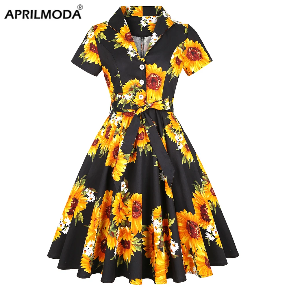 Black Sunflower A Line Vintage Women's Summer Dress Cotton Turn Down Collar Sundresses Short Sleeve 1950s Floral Dress With Belt