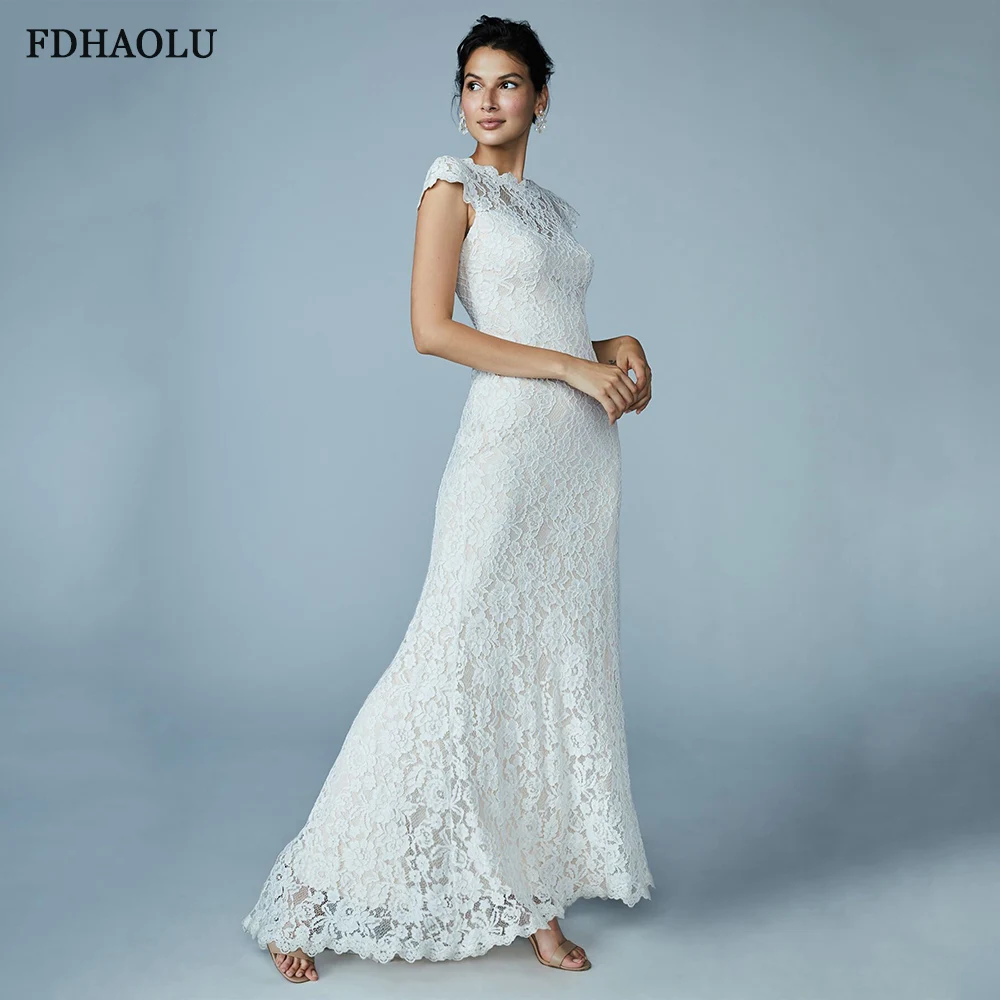 

FDHAOLU FU49 Lace Mermaid Backless Wedding Dress Cap Sleeve Sash Scoop Bride Gown Backless Wedding Gown vestidos de noiva