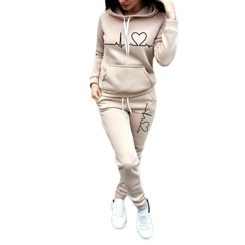 2 Pcs/Set Lady Tracksuit Fitness Outfits Heart Print Thick Warm Breathable Solid Color Hoodie Suit Hooded Suit Sportswear