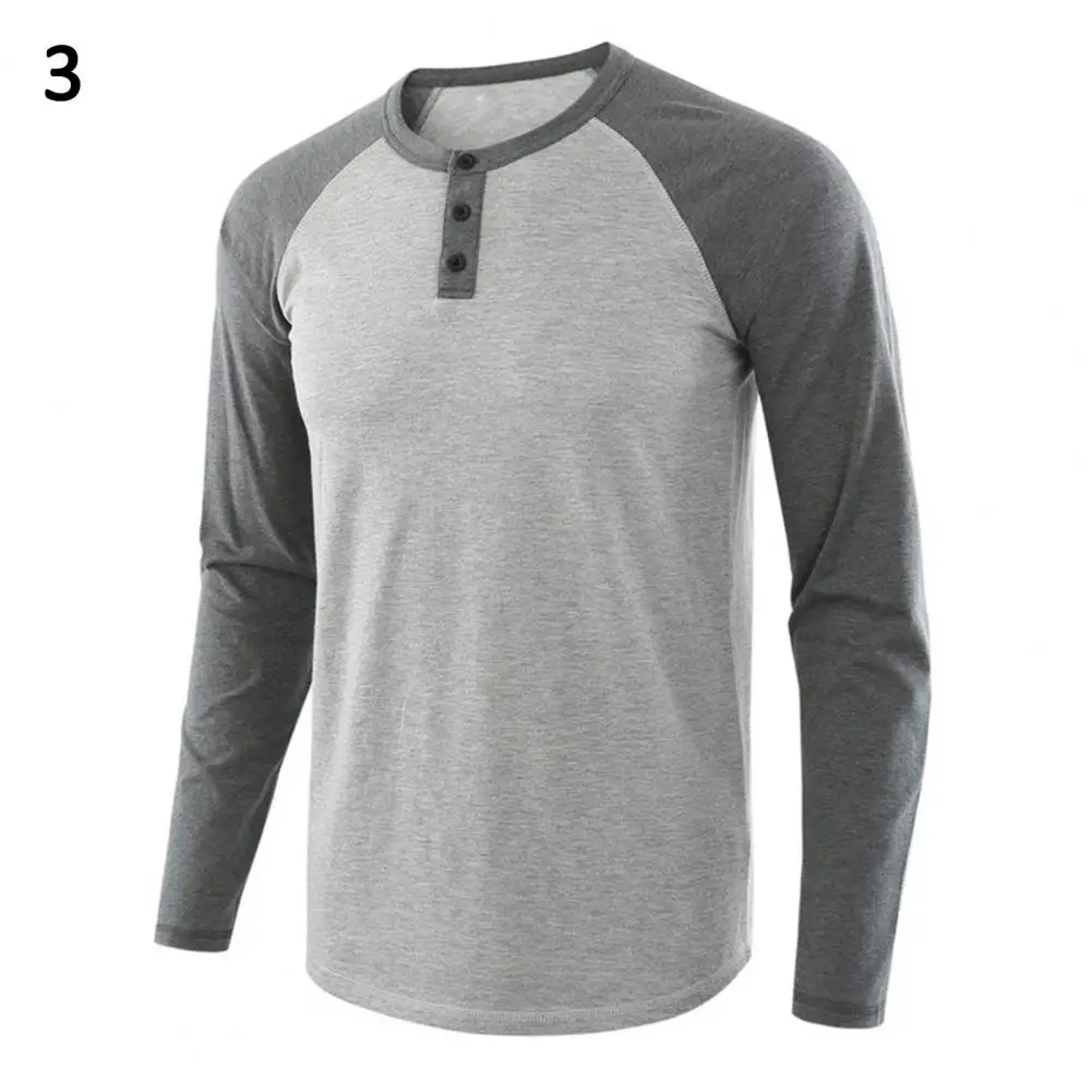 80% HOT Casual Men\'s Long-sleeved T-shirt Autumn O-neck Long Raglan Sleeves Color Matching T-shirt Button Pullover Tops