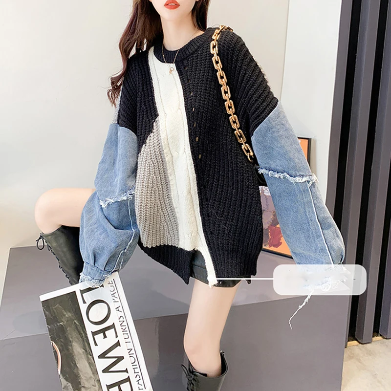 2023 Autumn Winter Sweater Women Casual Twist Woman Sweater Pullovers Denim Patchwork Jumper Warm Teen Oversized Streetwear