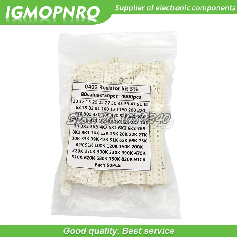 

4000PCS/lot 0402 SMD Resistor Kit Assorted Kit 10ohm-1M ohm 5% 80valuesX 50PCS=4000PCS Sample Kit hjxrhgal