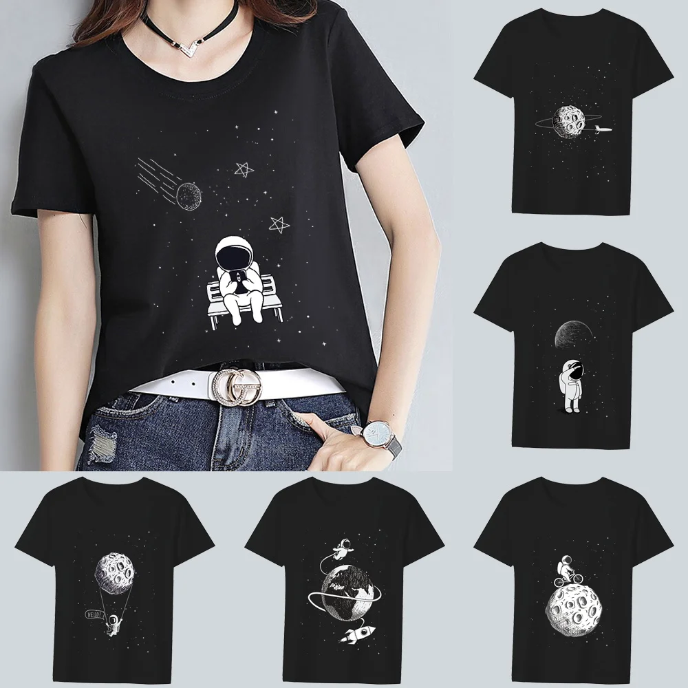 Black T-shirt Women's Clothing Casual Tops Cartoon Little Astronaut Graphic Print Series Round Neck Ladies Slim Short Sleeve Top