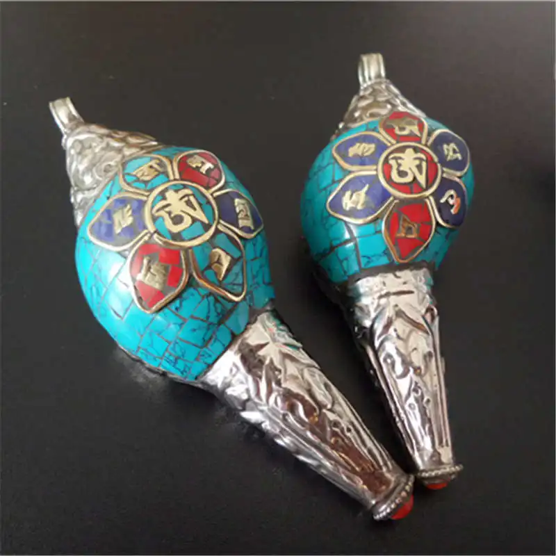 

2PCS Tibet Sea Snail OM Amulet Copper Capped Colorful Stone Tibet Ethnic Handicraft TBP470