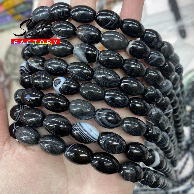 Natural Stone Beads Black Striped Agates Bead Rice Shape Beads For Jewelry Making DIY Bracelets Accessories 6x10mm 10x14mm 15