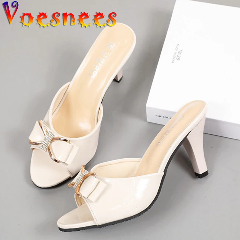 

Korean Style Women Shoes Metal Butterfly-Knot Shallow Mouth Slippers Thin High Heel One Word Sandals Solid color outdoor Slides