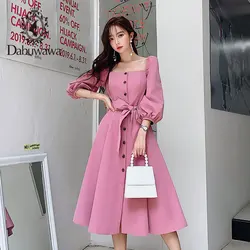 Dabuwawa Elegant Vintage Women Dress Early Autumn  Puff Sleeve Square Neck Ruffles Pink Dresses Casual Long Dress DO1ADR040