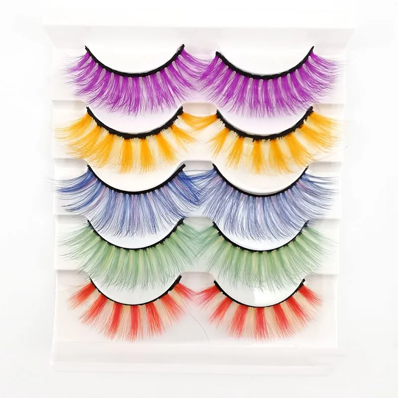 5 Pairs 3D Faux Mink False Eyelashes Green Purple Red Yellow Fluffy Volume Fake Eyelash Makeup Cosplay Dramatic Rainbow Lashes