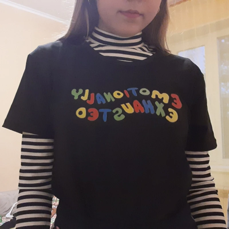 Harajuku Gothic Female Emotionally Exhauste Print Short Sleeve Tops Fashion Casual Fun Letter Women Clothing T-shirts Streetwear