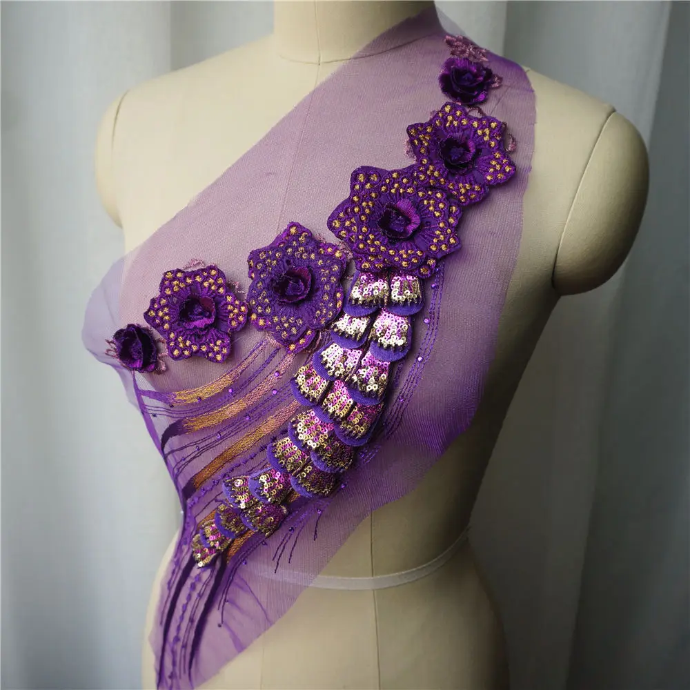 Purple Flower Lace Fabric Sequin Tassel Embroidered Gown Appliques Collar Mesh Sew Patch For Wedding Decoration Dress DIY