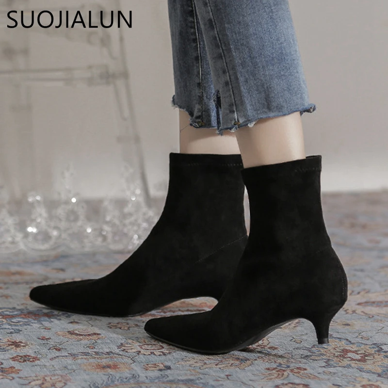 SUOJIALUN High Quality Pointed Toe Ankle Boots Thin Low Heel Slip On Chelsea Boot Shoes Suede Leather Casual Ladies Short Boots