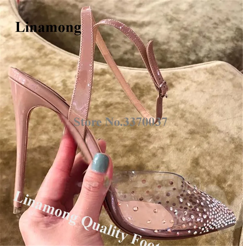 

Linamong Bling Bling Rhinestone PVC Patchwork Stiletto Heel Pumps Nude Yellow Silver Transparent Crystal High Heels Dress Shoes