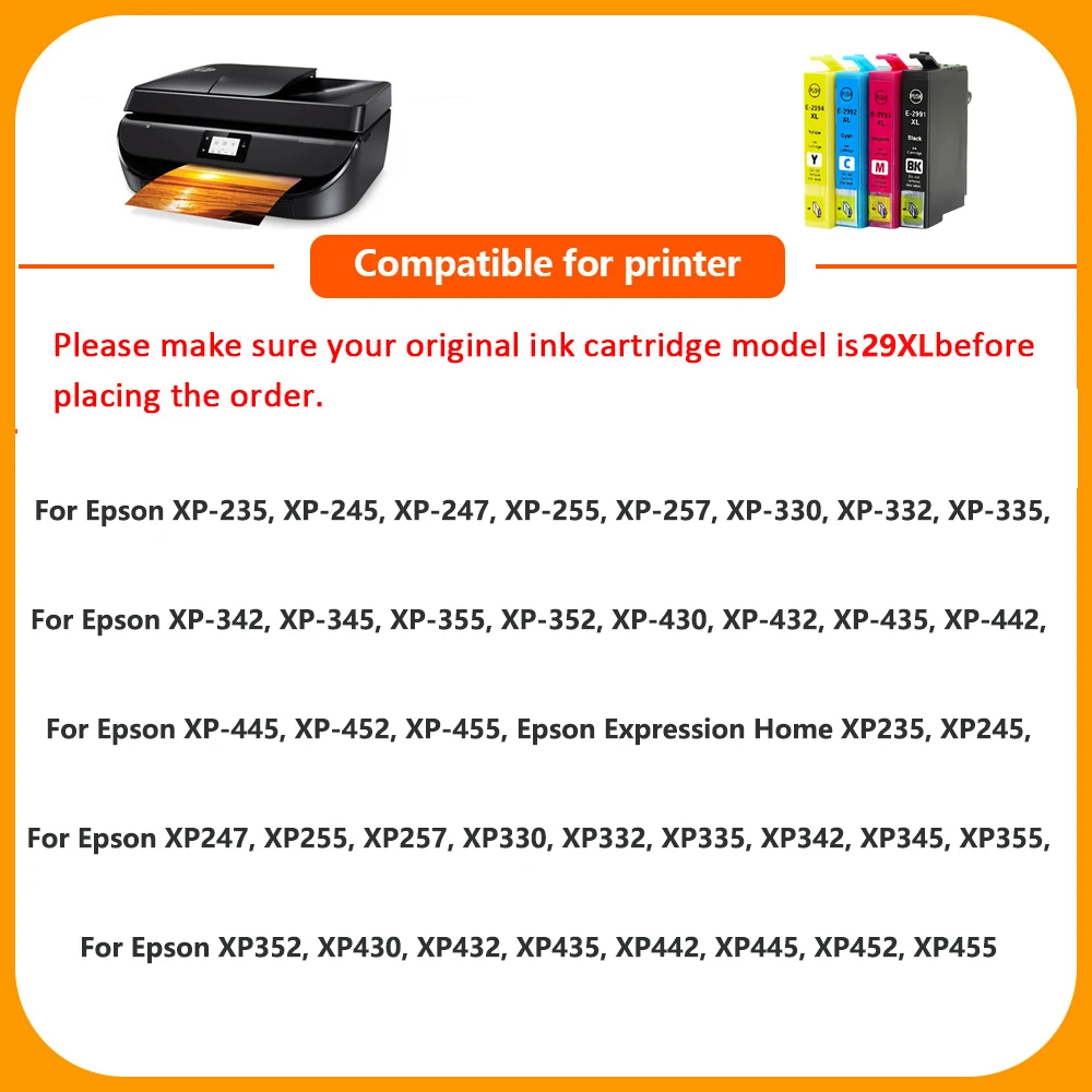 Adhérence d\'encre 29XL pour Epson 29 Ink Compatible pour XP-235 XP-245 XP-247 XP-255 XP-342 XP-332 XP-335 XP-345 XP-432 XP-435 XP-442