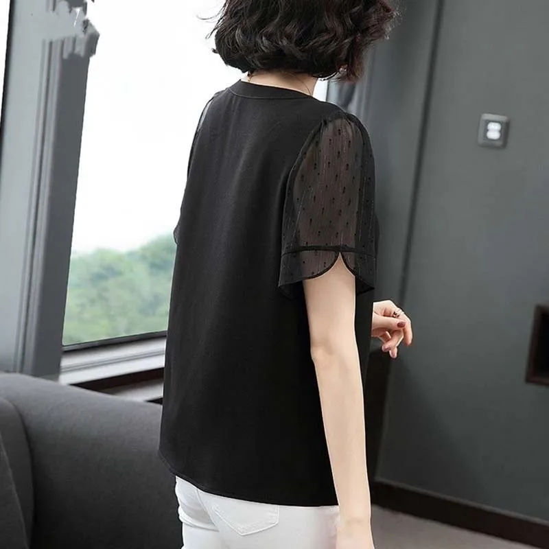 Women Spring Summer Style Chiffon Blouses Shirts Lady Casual Short Sleeve O-Neck Chiffon Blusas Tops SP305