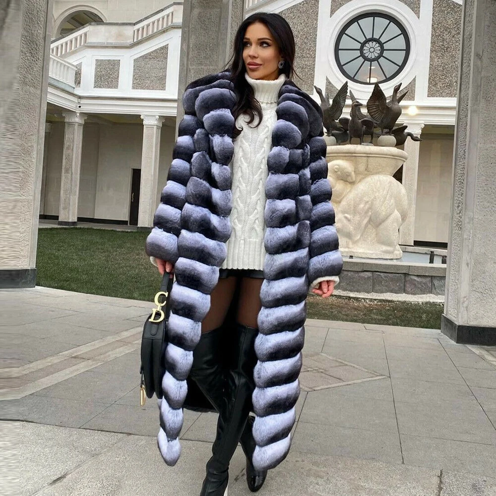 Women Fashion X-long Real Rex Rabbit Fur Coats with Turn-down Collar 2022 New Trendy Genuine Rex Rabbit Fur Coat Female Outwear