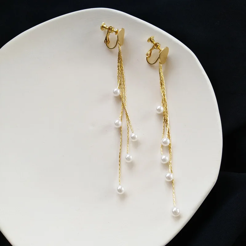 Temperament Pearl Tassel Long Clip on Earrings Elegant Gold Color Long Simulated Pearls Tassel Clip Earrings Without Piercing