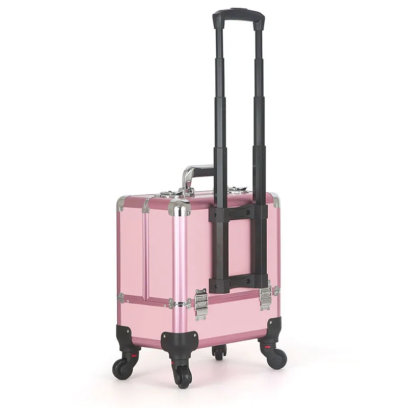 Luxury Professional Makeup Manicure Folding Suitcase Wheels Pink Aluminum Luggage Storage Case Full Beauty Artist Cosmetic Box