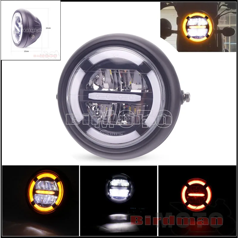 

Universal Motorcycle LED Headlight Amber White DRL HI/LO Beam Running Lamp Headlamp 28-42mm Mounting Bracket For Harley Chopper