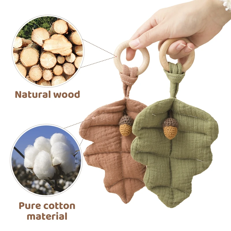 1Pc Baby Pine Nuts Leaf Pendant Wooden Ring Rattle Plush Leaves Teething Pendant Infant Play Gym Toys Newborn Nursing Gift