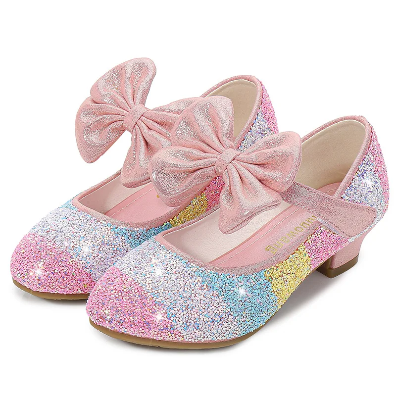 Girls Leather Shoes Princess Shoes Children Shoes round-Toe Soft-Sole Big girls High Heel Princess Crystal Shoes Single Shoes