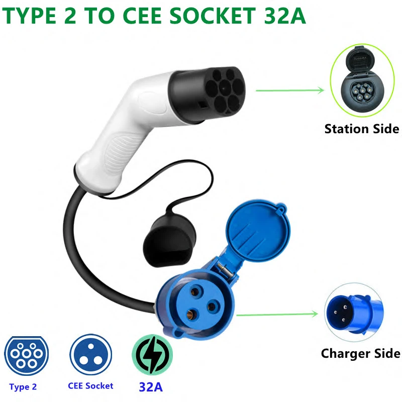 

Duosida electrical car 32A Type 2 charging side plug to CEE schuko socket charging adapter