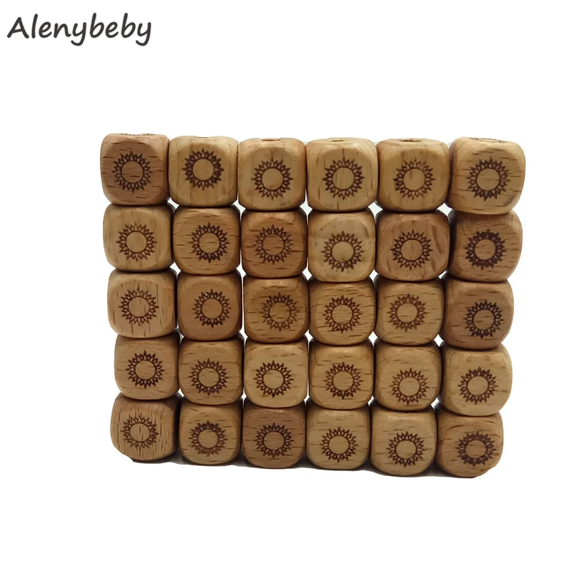 

Beech Wood Faceted Printed Sun Bead 12mm Unfinished Natural Figure Quartet Wooden cube Beads For DIY Nursing Teether