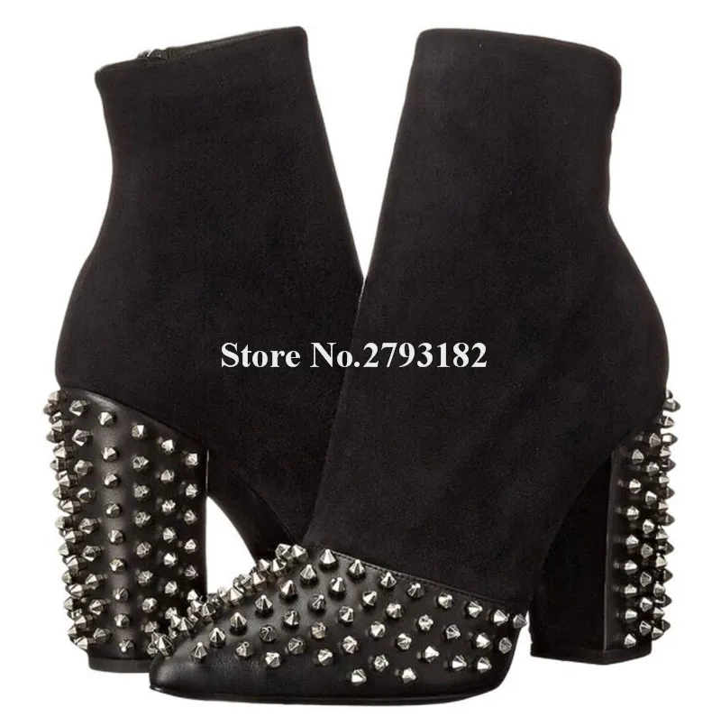 

Women Sexy Pointed Toe Metal Studds Chunky Heel Short Boots Black Patchwork Rivets Thick Heel Ankle Booties Big Size