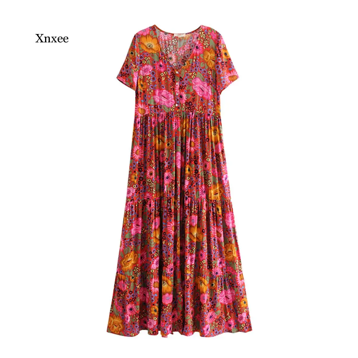 

Boho Chic Maxi Dress 2019 Women Summer Short Sleeve V Neck Sexy Dresses Ladies Floral Print Beach Hippie Party Long Dress red