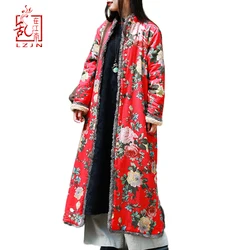 LZJN-Chinese Style Faux Fur Coat for Women, Warm Jacket, Fleece Parka, Long Sleeve, Floral Print Overcoat, Autumn and Winter