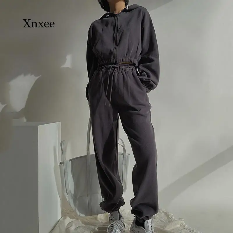 Oversized Tracksuit Women Suit y2k Crop Top Hoodies Casual Sports Set Sweatshirts Drawstring Jogging Sweatpants Korean Fashion